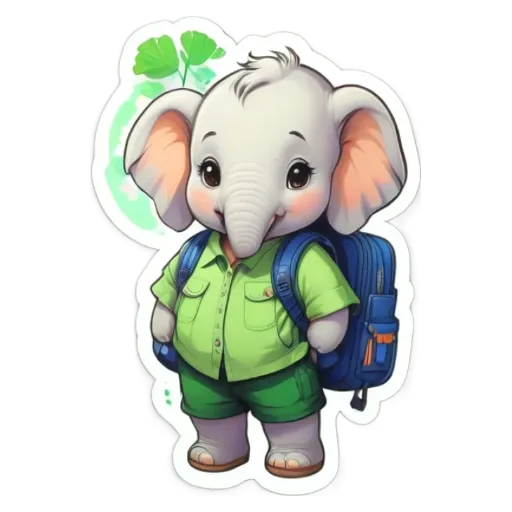 A cartoon elephant wearing a green shirt and a backpack.