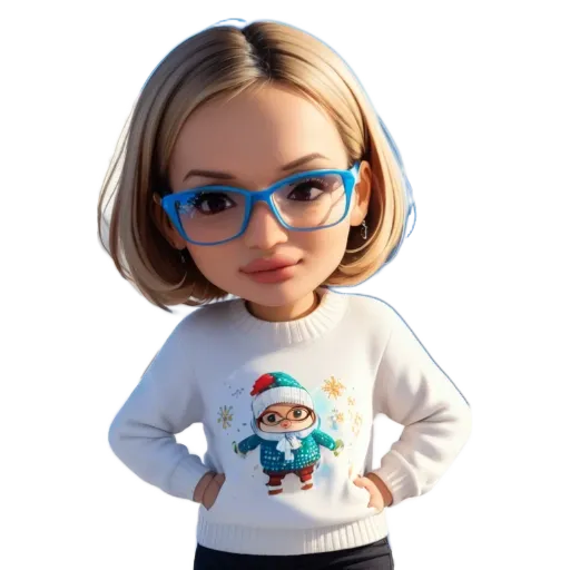 A girl wearing a white sweater that has a picture of a Christmas tree on it.