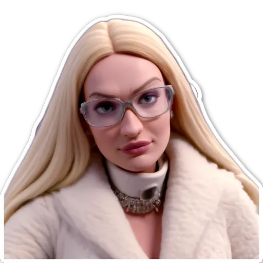 A sticker of a woman with glasses that is blonde.