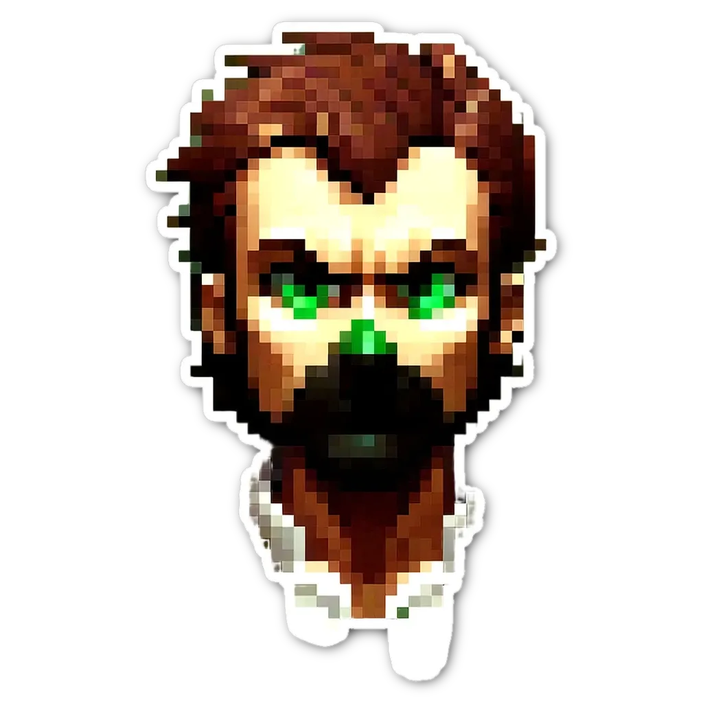 A sticker of a man's face with green eyes and a beard.