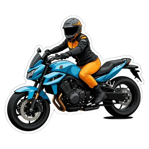 A person in orange riding a blue motorcycle.