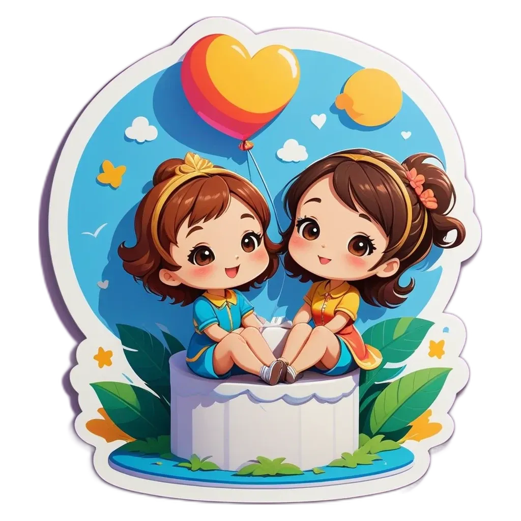 Two girls are sitting on a round cake with a heart and balloon around it.