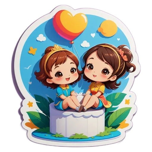 Two girls are sitting on a round cake with a heart and balloon around it.