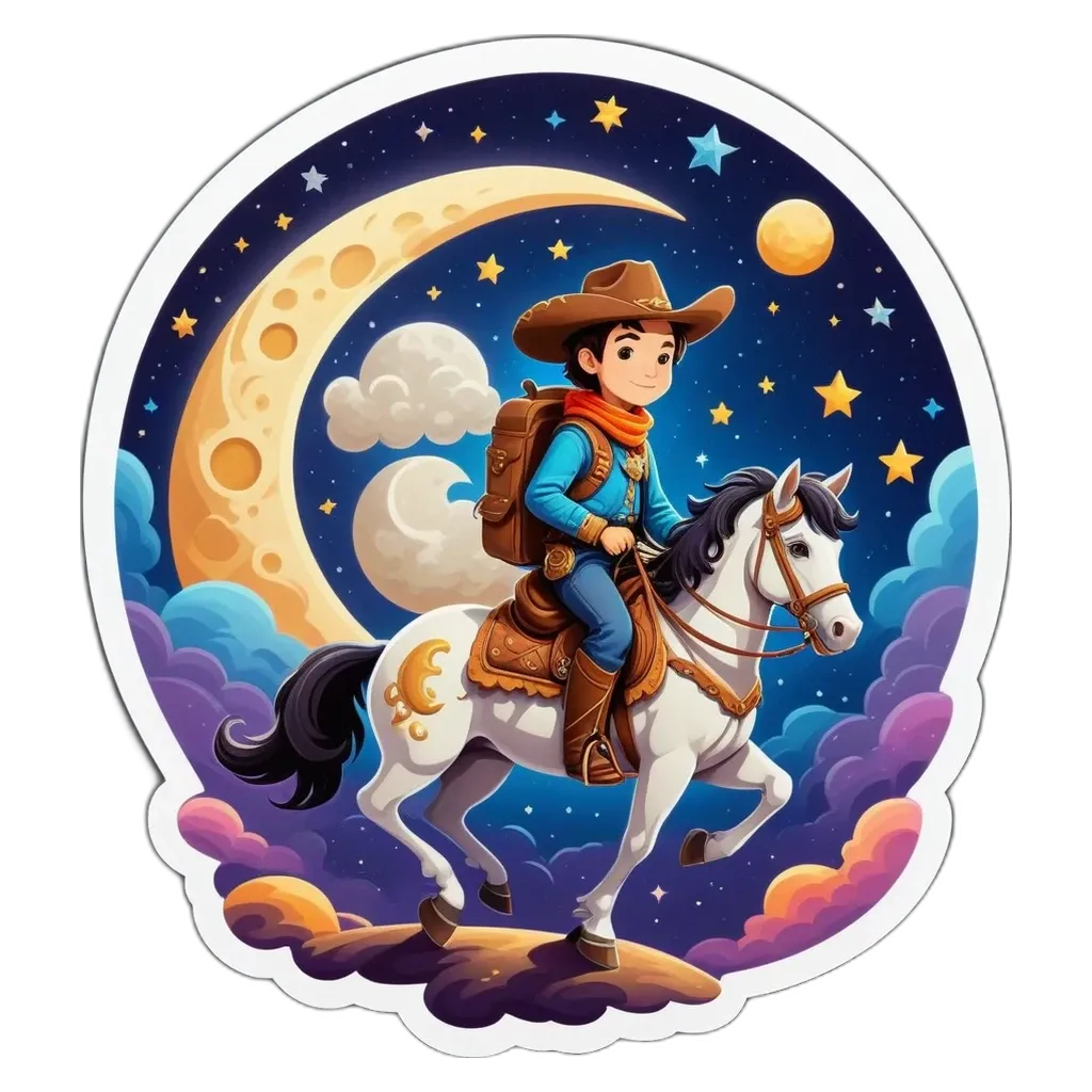 A boy riding a horse through the stars.