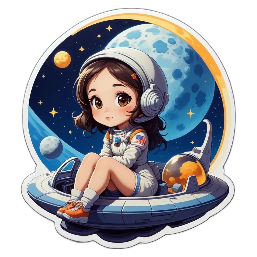 A girl in space that is on a ship.