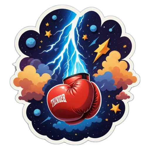 A logo for a boxing glove has a stormy sky in the background.