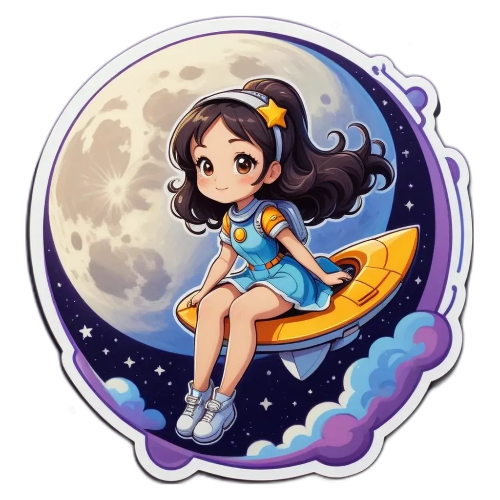 A girl riding a ship on the moon.