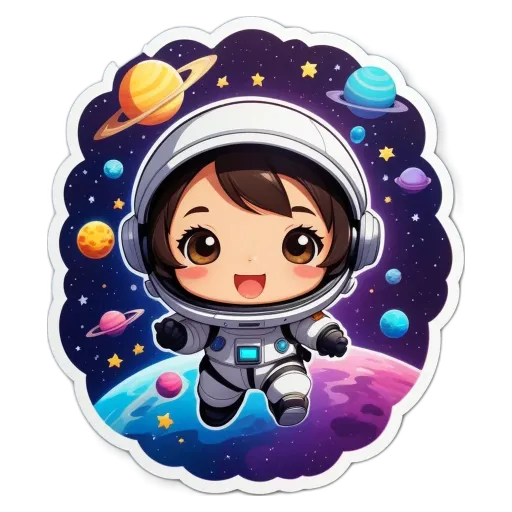 A sticker of a girl in space that is wearing the number 2 on her head.