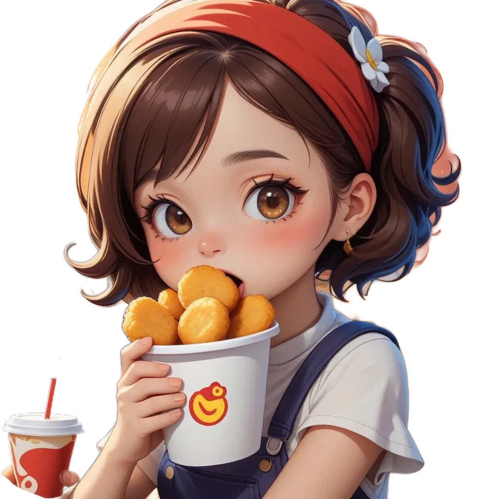 A girl eating french fries is a part of a digital or animated image.