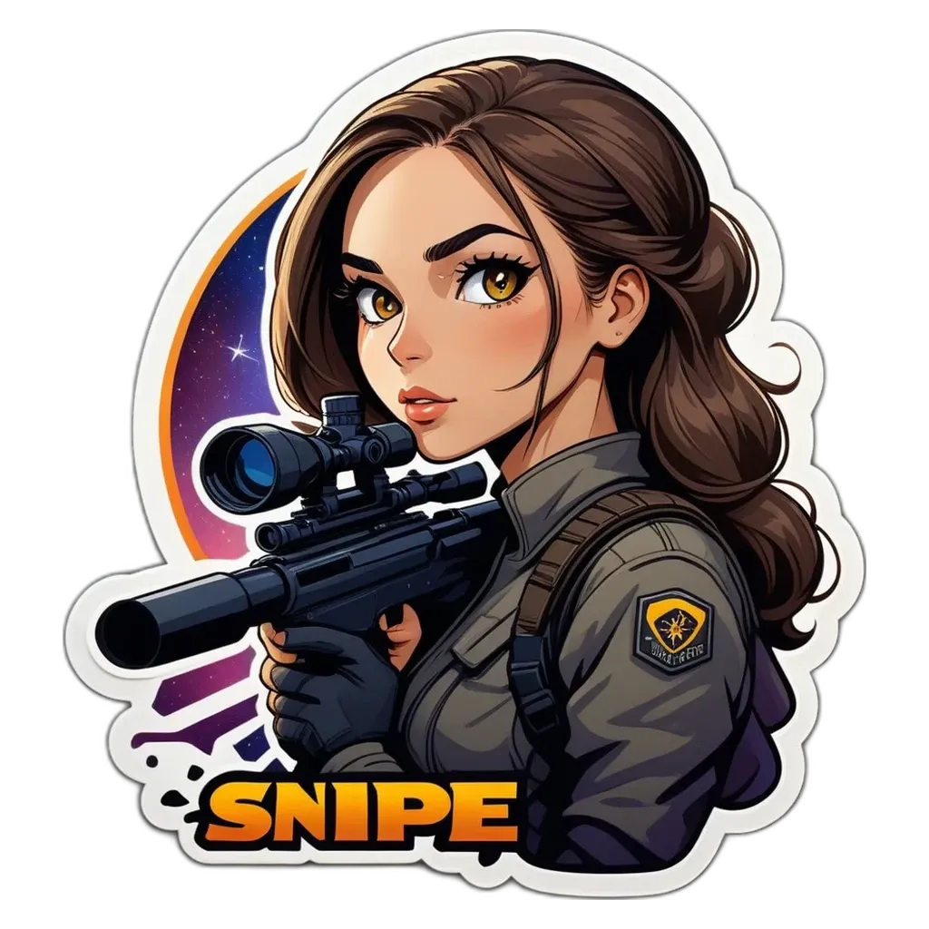 A sticker of a girl with a gun that says Snipe.