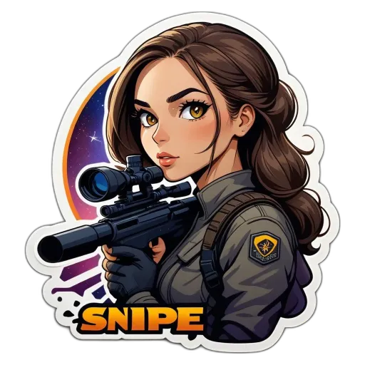 A sticker of a girl with a gun that says Snipe.