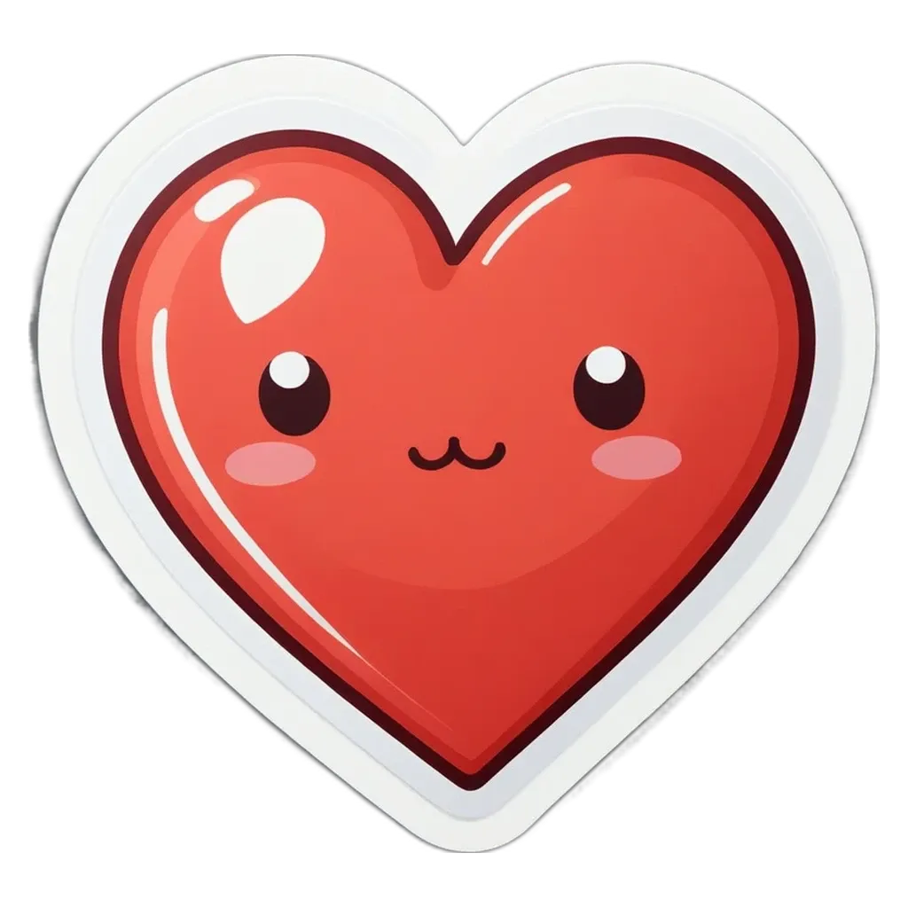 A red heart with a smiley face sticker on it.