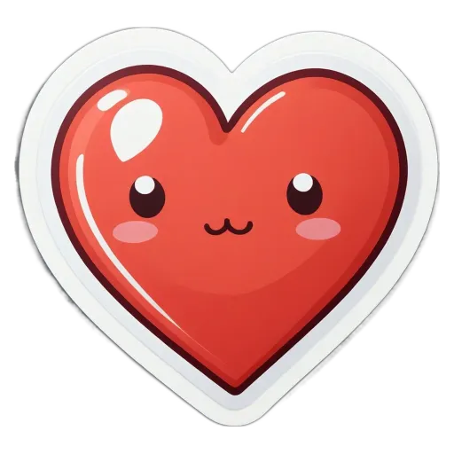 A red heart with a smiley face sticker on it.