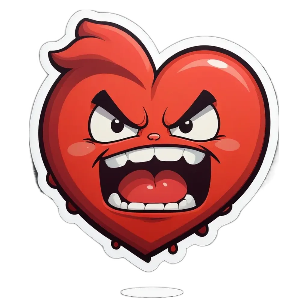 A red heart with an angry face sticker on it.