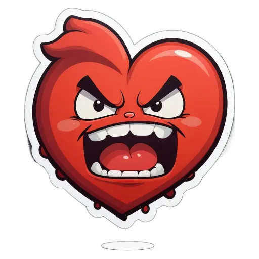 A red heart with an angry face sticker on it.