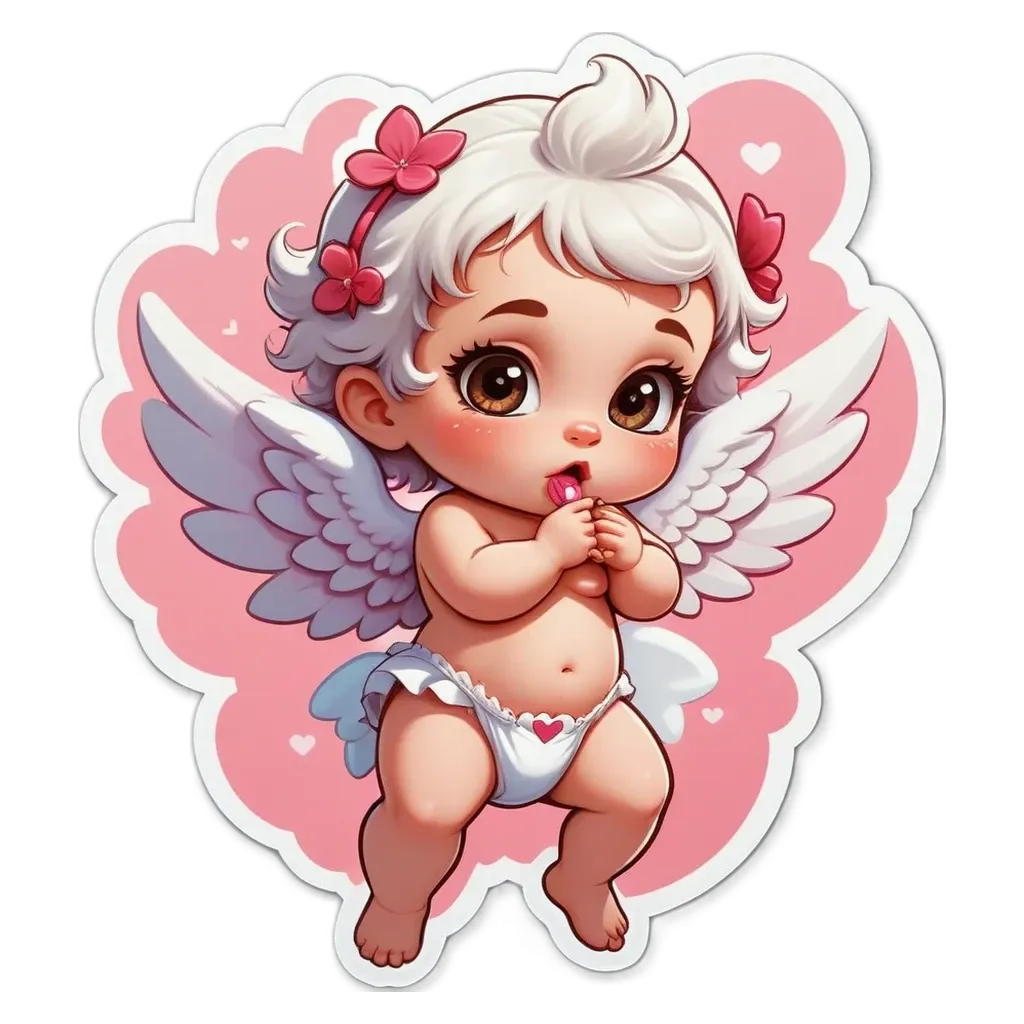 A cartoon image of a baby with wings holding a heart in front of a pink background.