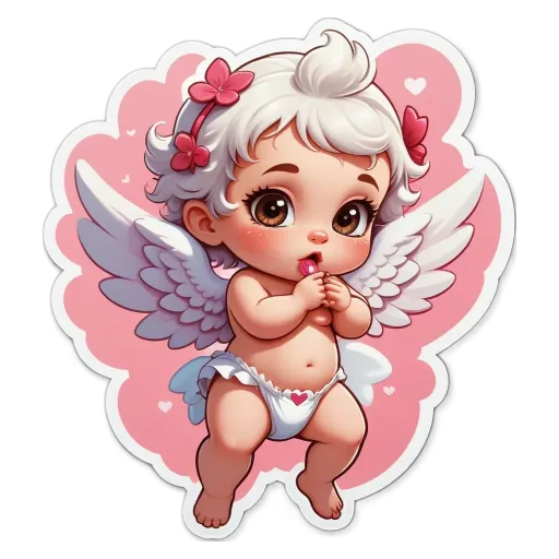 A cartoon image of a baby with wings holding a heart in front of a pink background.