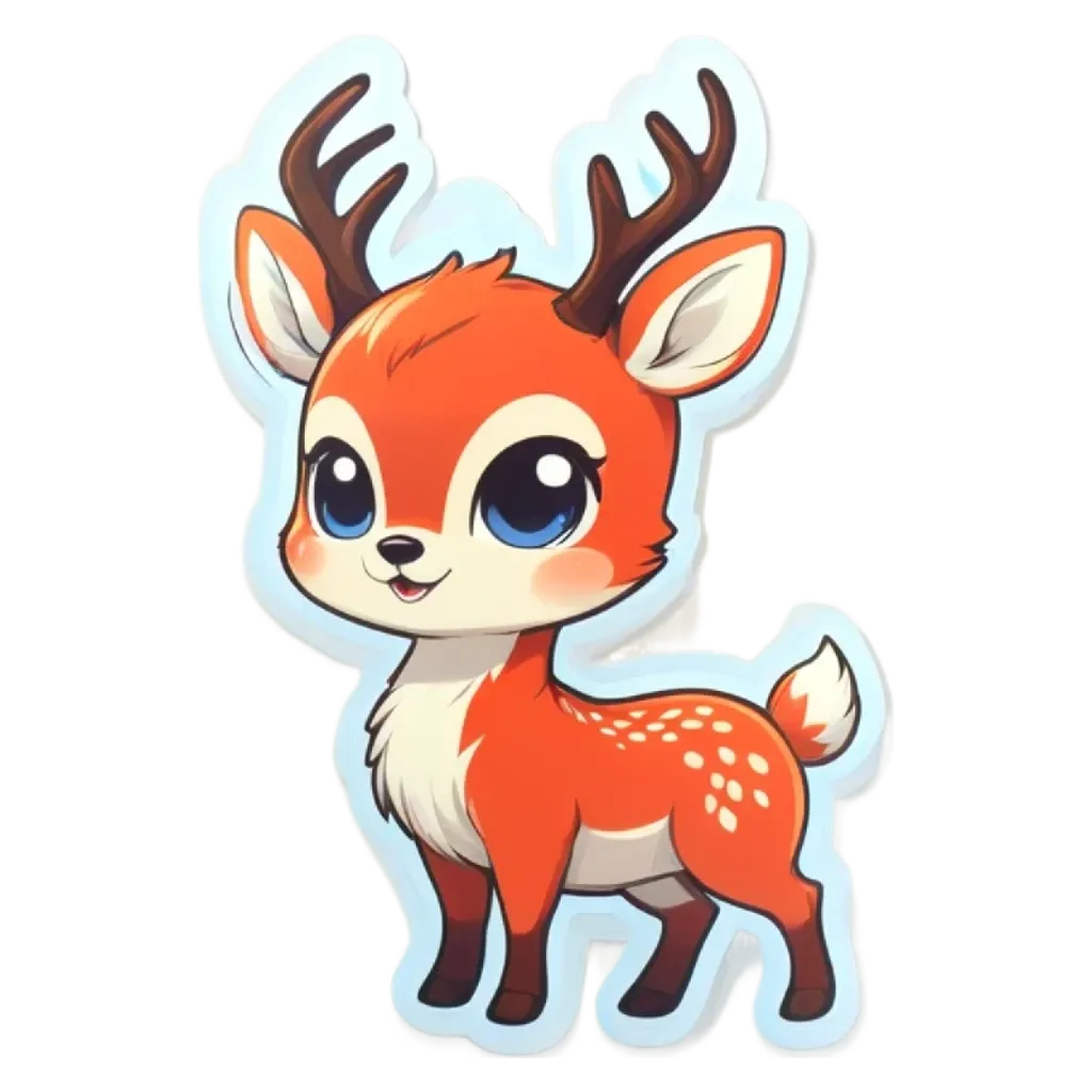 A cartoon deer with big eyes and a pink nose.