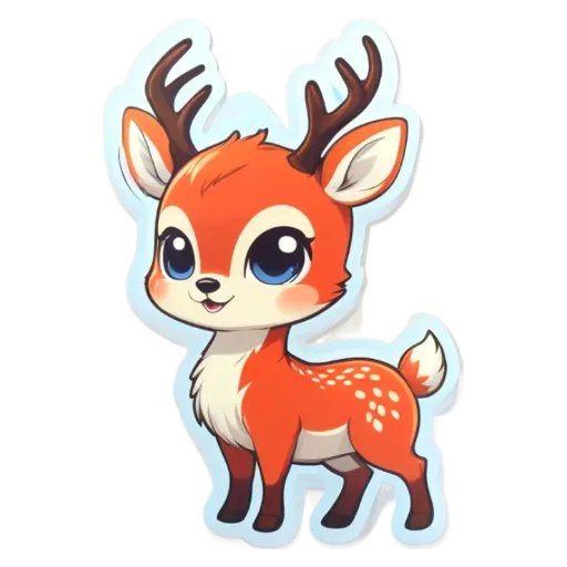 A cartoon deer with big eyes and a pink nose.