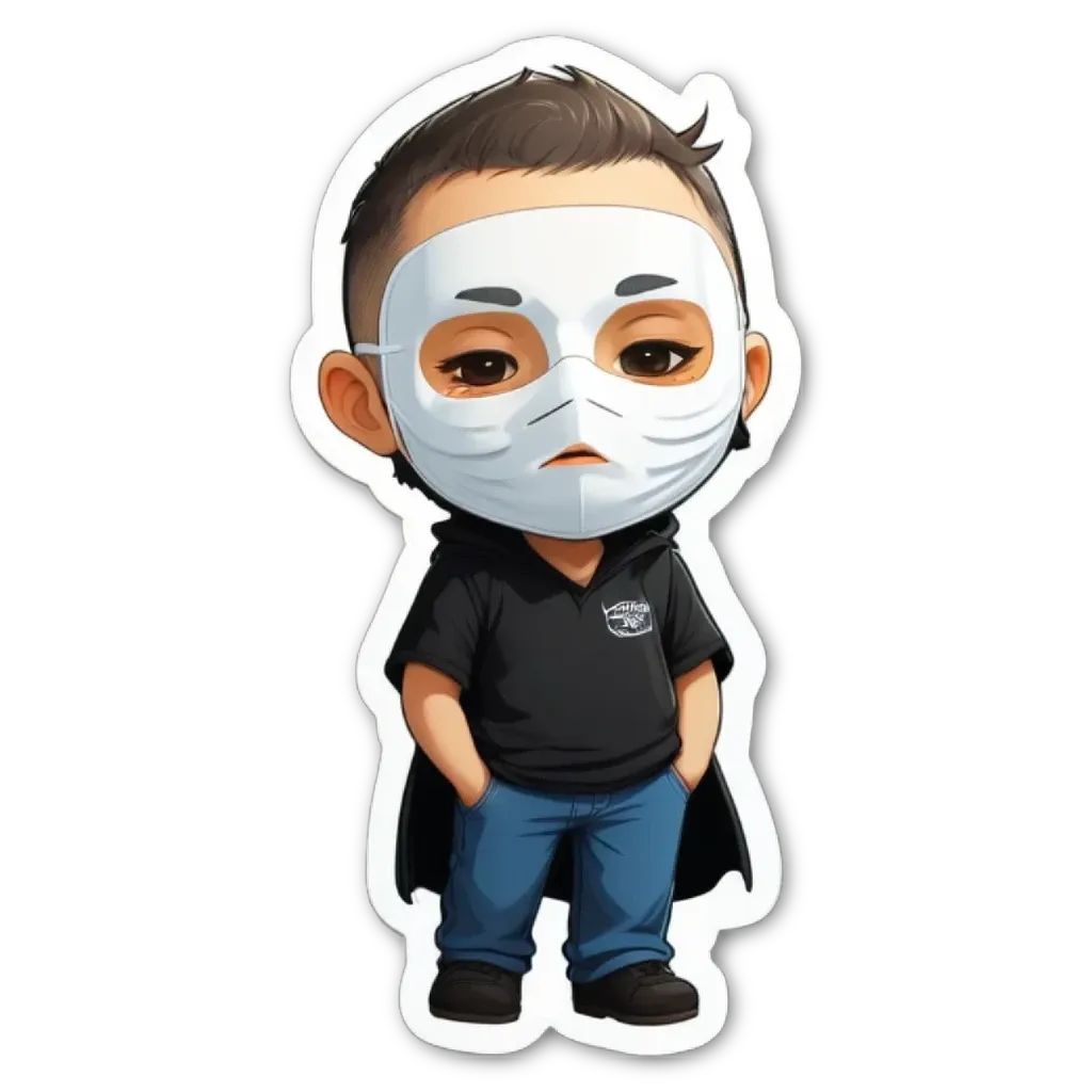 A sticker of a boy who is wearing a mask and jeans.