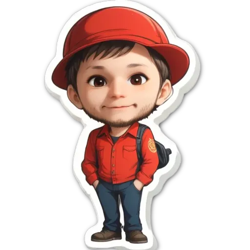 A boy wearing a red hat and red jacket with blue jeans standing with his hands in his pockets.