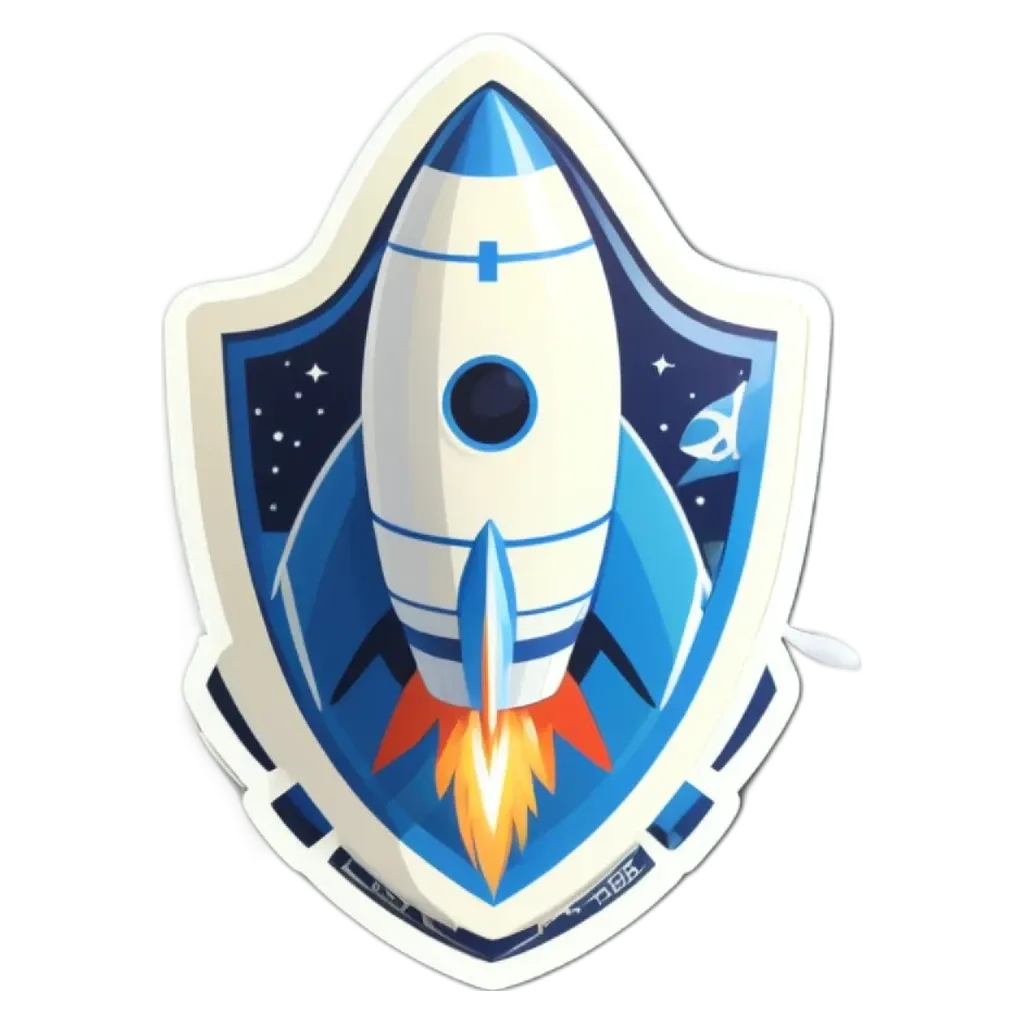 A rocket is on a shield with other designs on it.