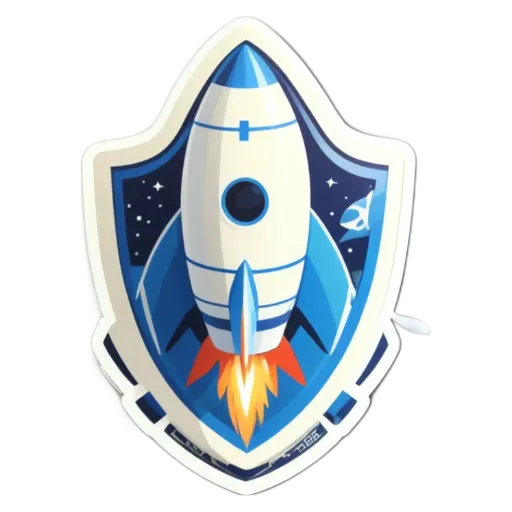 A rocket is on a shield with other designs on it.