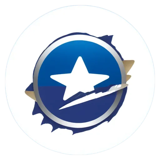 A blue and white star is the centerpiece of a round logo.