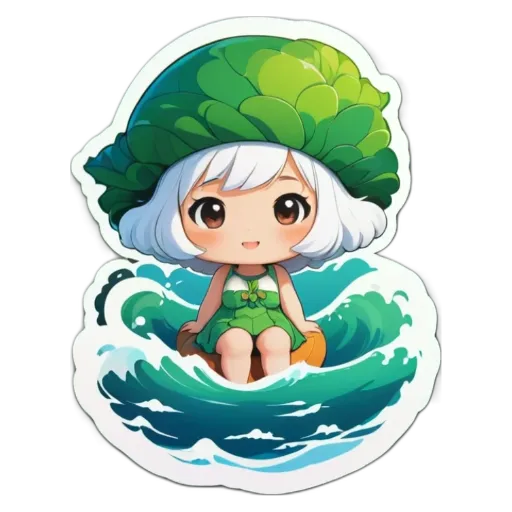 A girl is riding a wave in the ocean wearing a green and white costume.