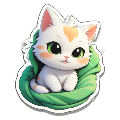 A cat with green eyes is sitting on a green blanket.