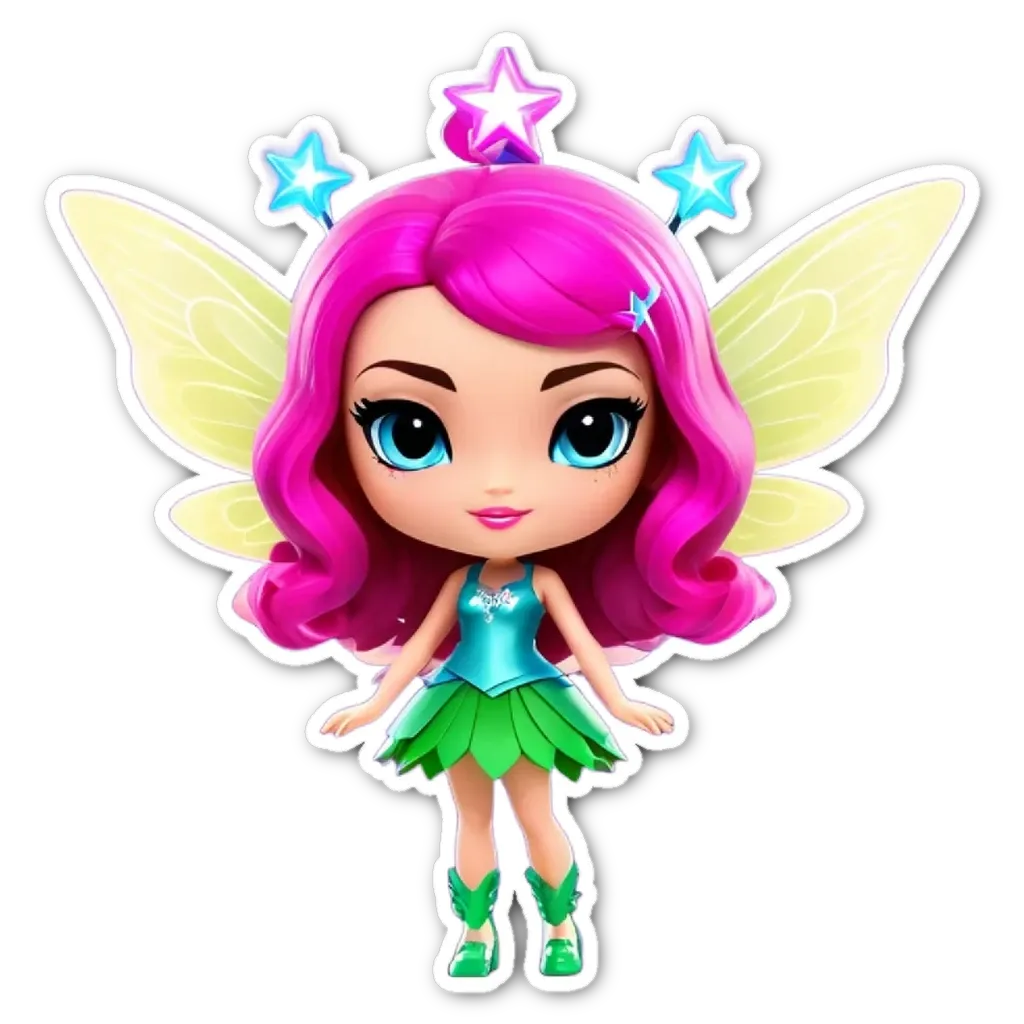 A girl with stars and wings is standing on a black and white background.