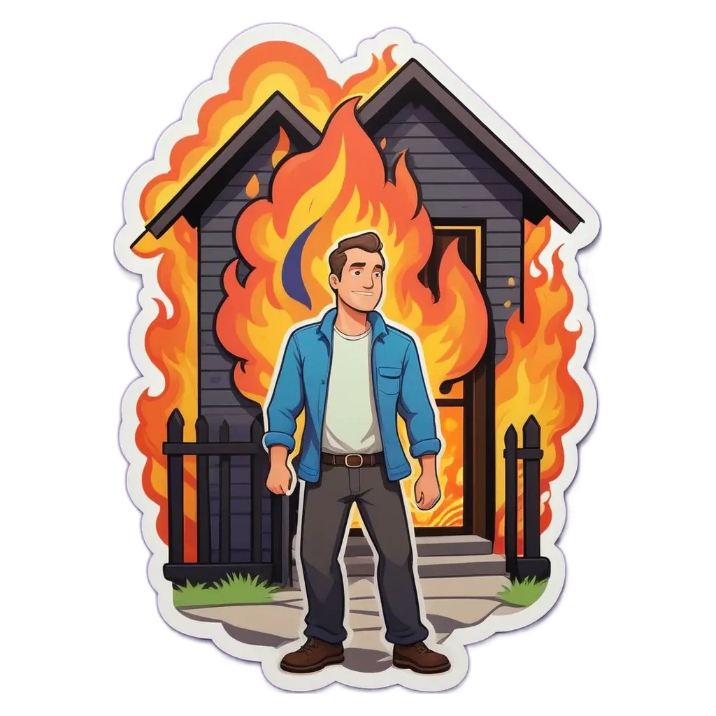 A man stands outside of a burning house in a cartoon.