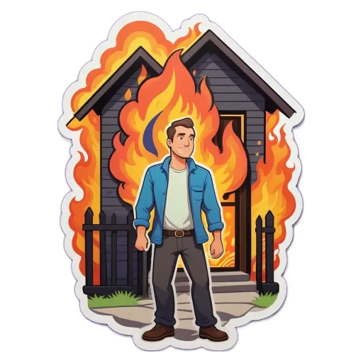 A man stands outside of a burning house in a cartoon.