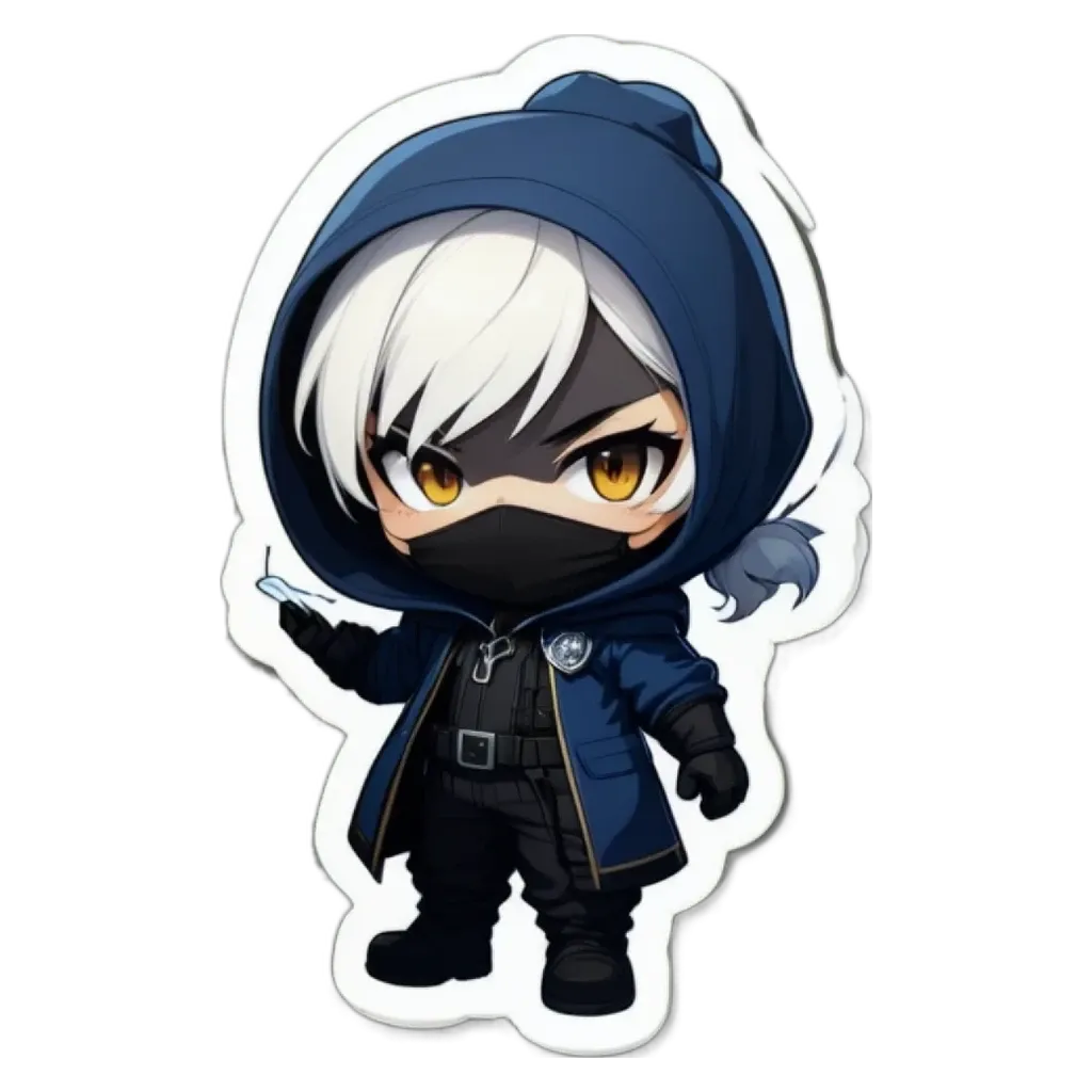 A sticker of a person with a black mask and blue coat.