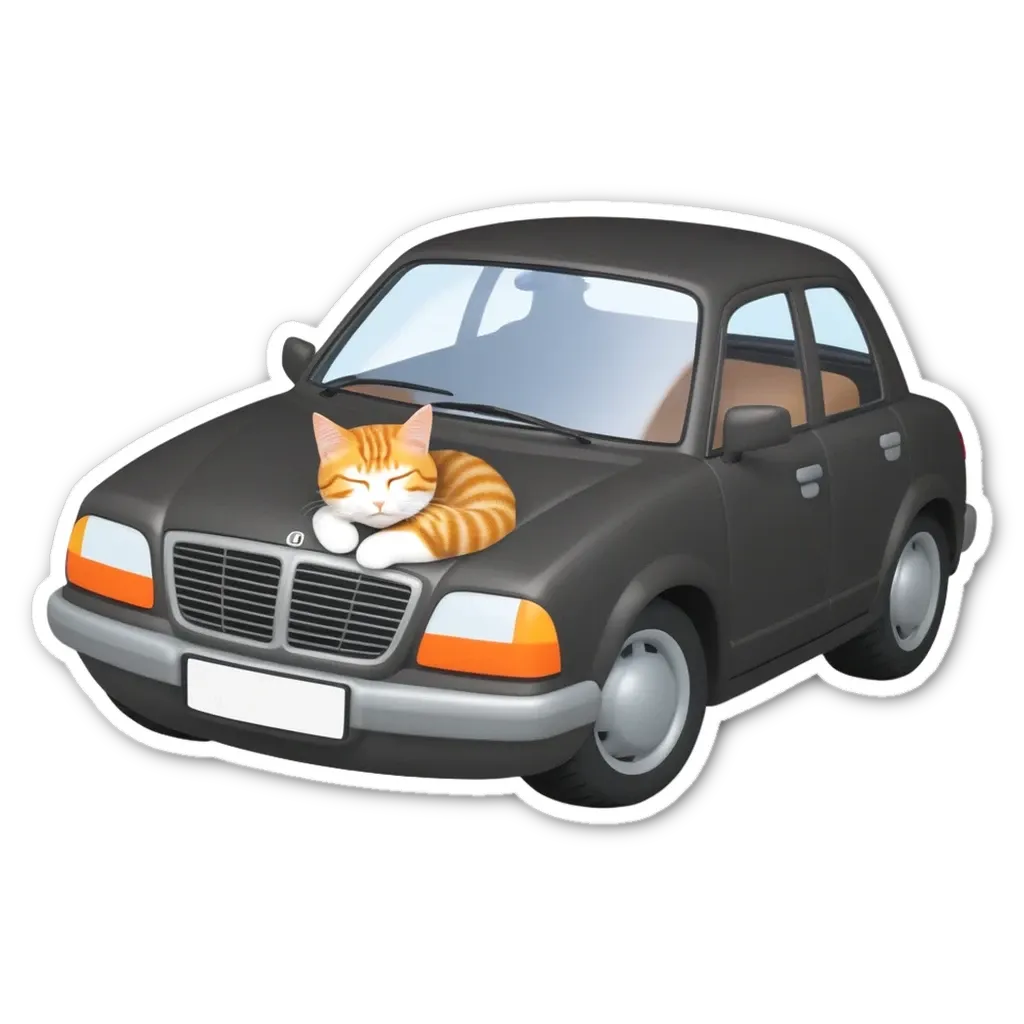 A black car with a cat sleeping on the hood.