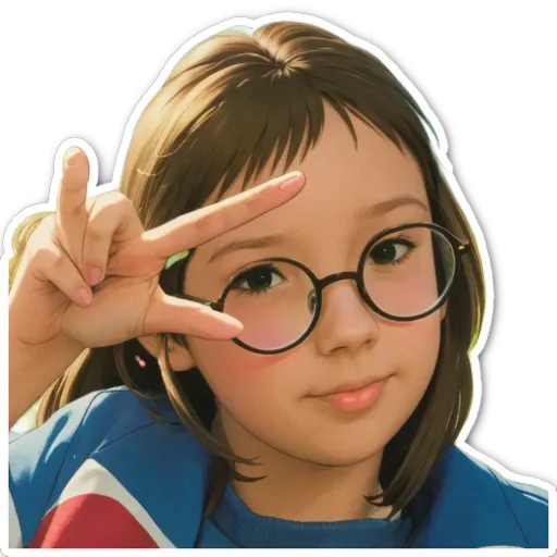 A girl with glasses and a peace sign is shown as a sticker.