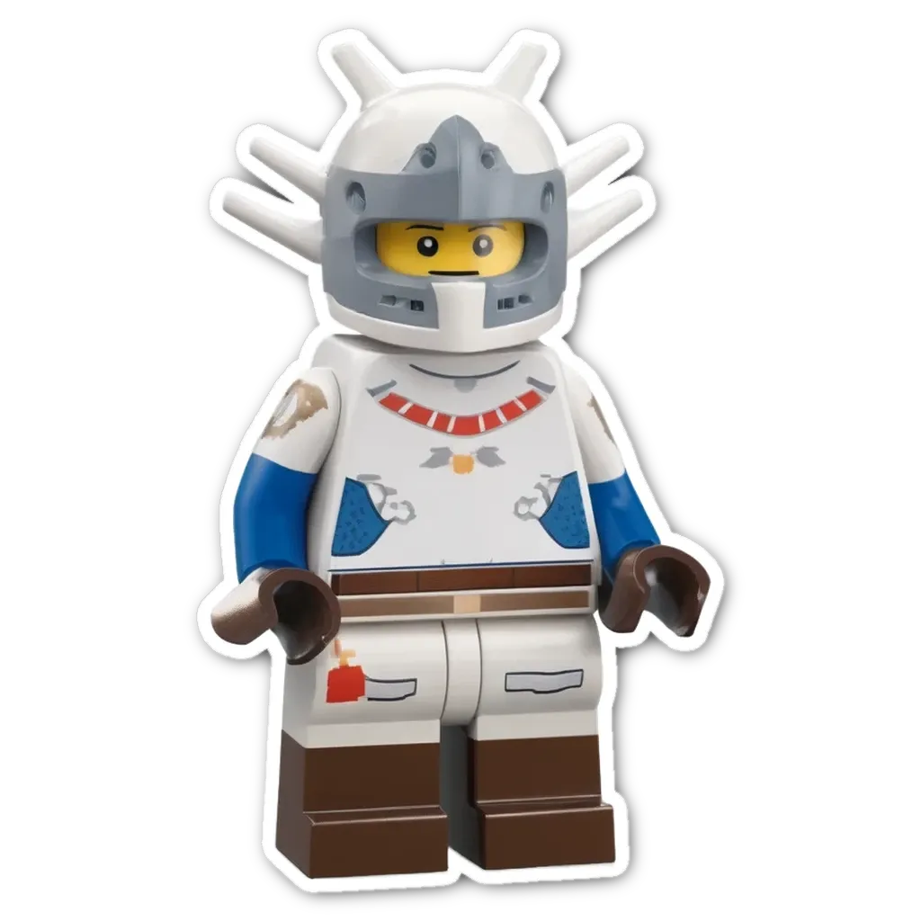 A lego person with a black helmet and white clothes.