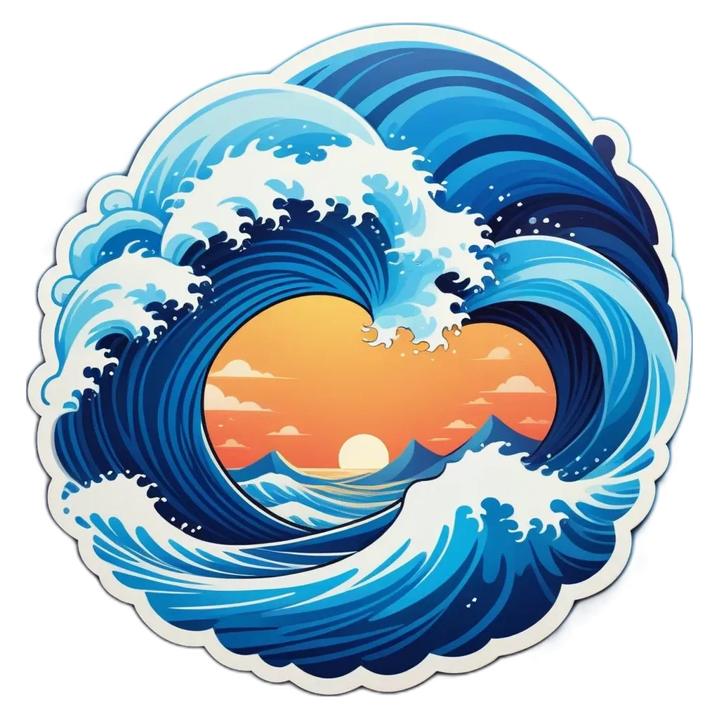 A sticker of a wave with a sunset in the background.