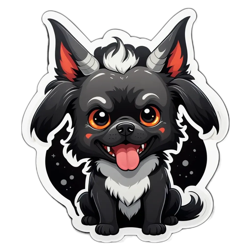 A sticker of a dog with black fur and big eyes.