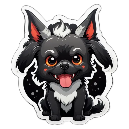 A sticker of a dog with black fur and big eyes.