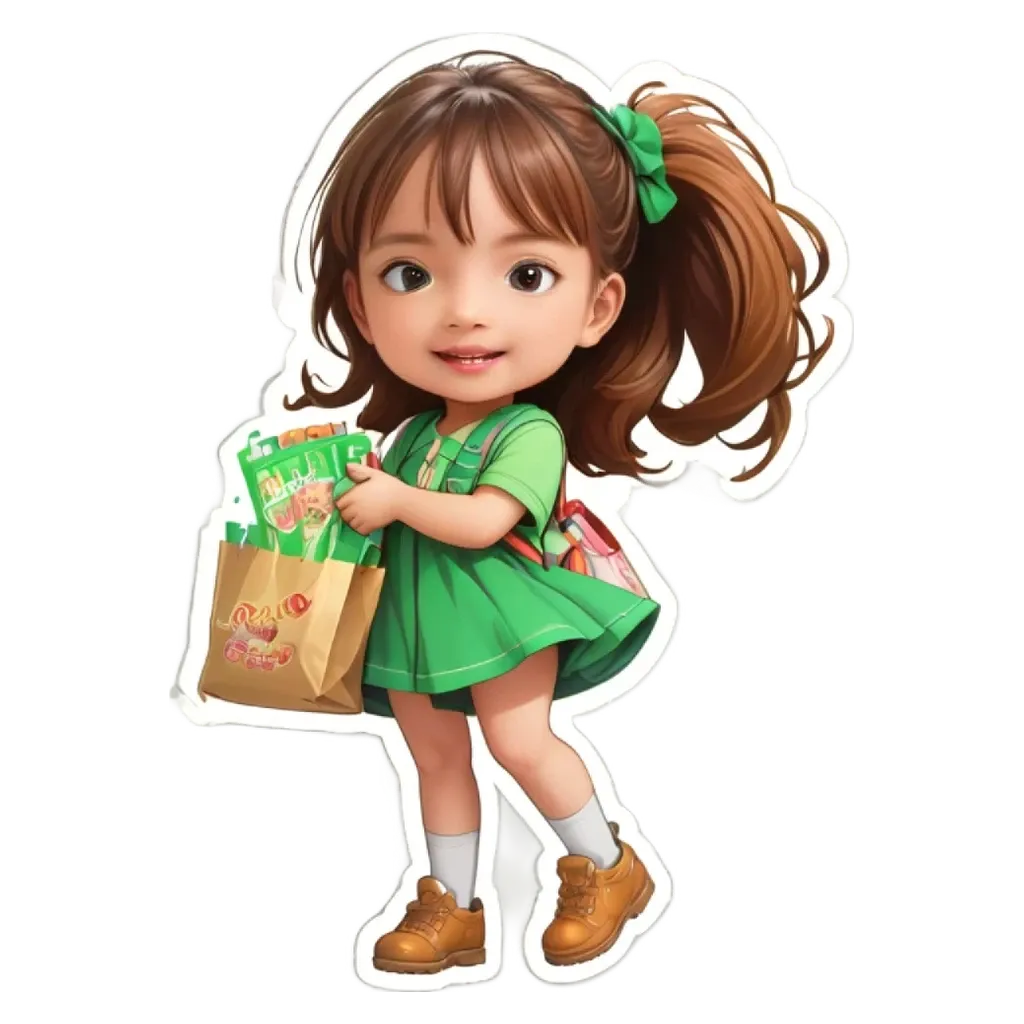 A girl wearing a green dress and holding a bag of snacks.