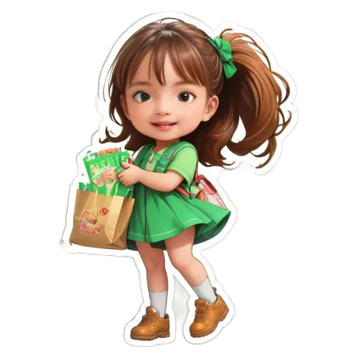 A girl wearing a green dress and holding a bag of snacks.