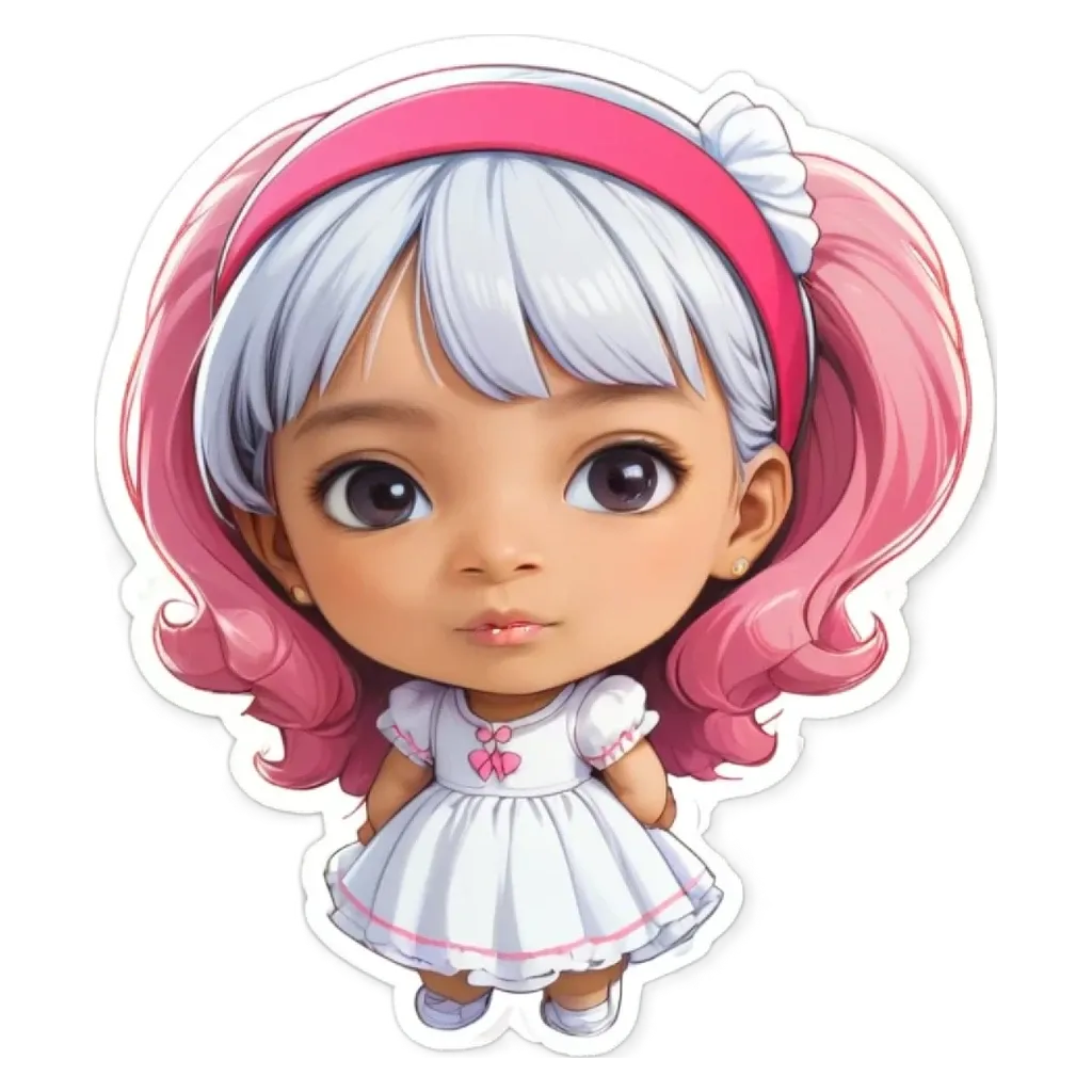 A girl with white dress and pink hair in a cartoon style.