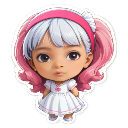 A girl with white dress and pink hair in a cartoon style.