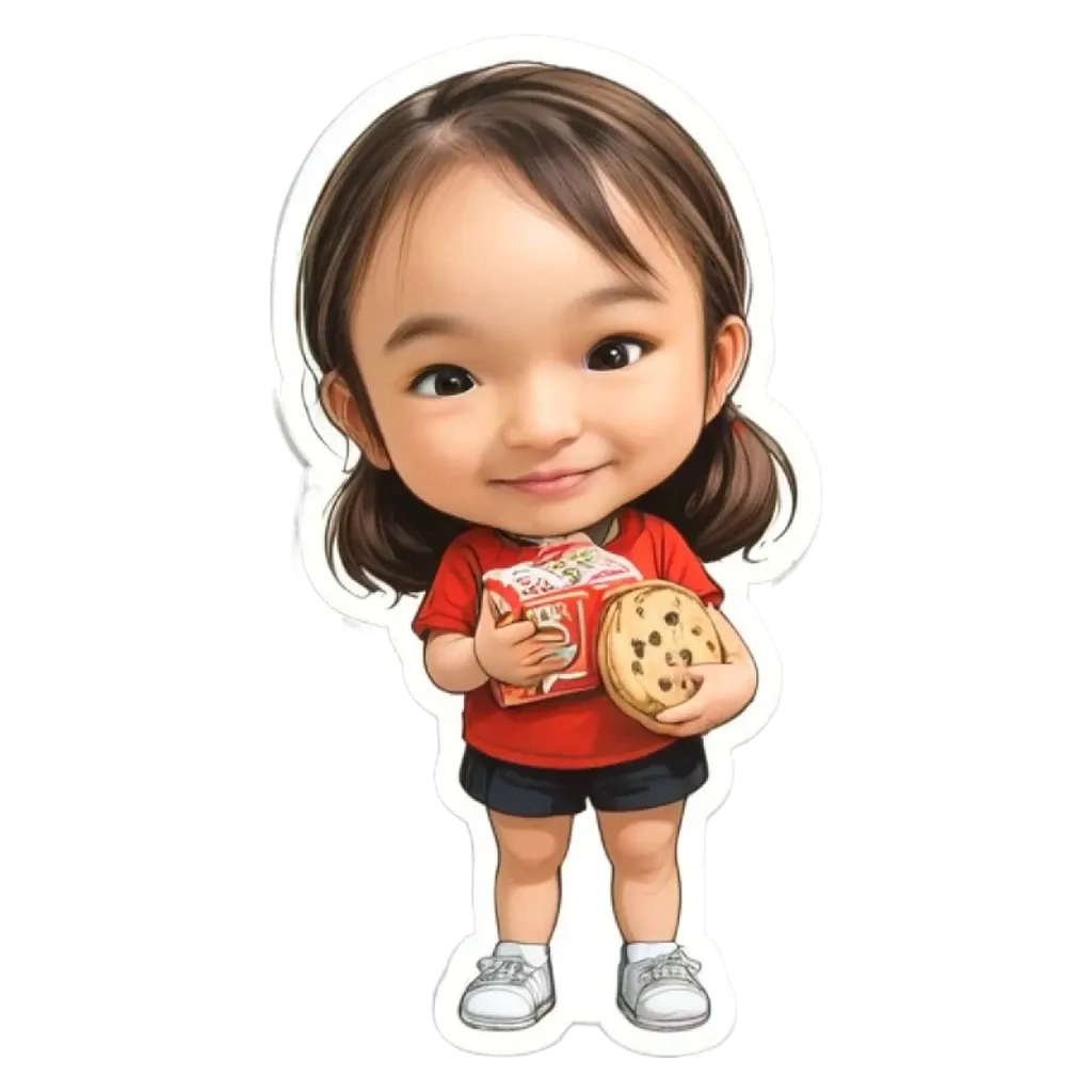 A girl holding a cookie is depicted in a sticker.