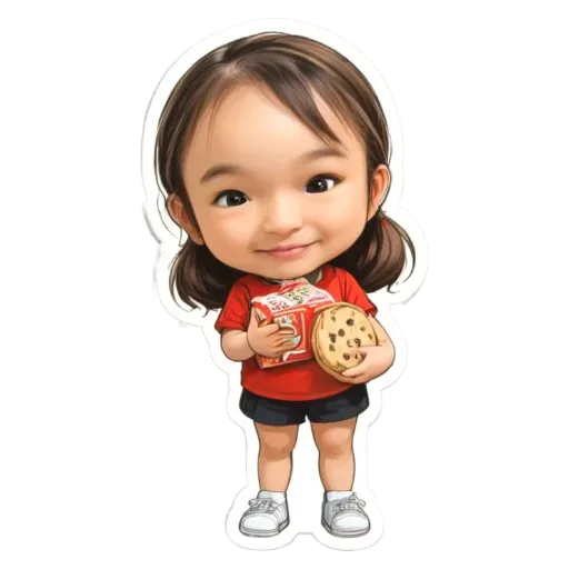 A girl holding a cookie is depicted in a sticker.