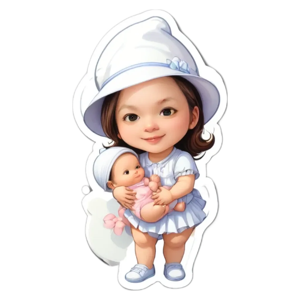 A girl holding a baby doll is wearing a white hat.