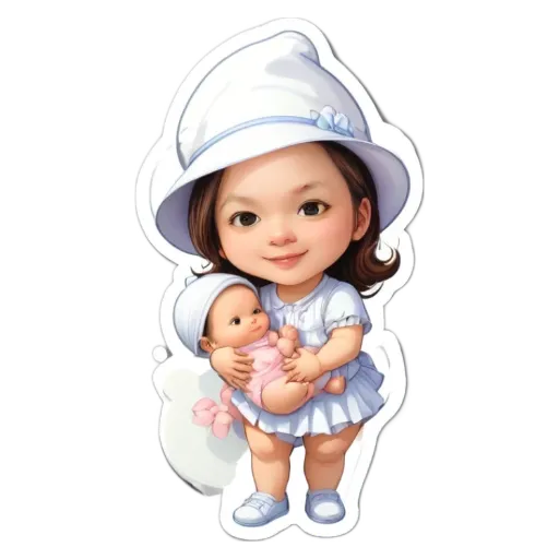 A girl holding a baby doll is wearing a white hat.