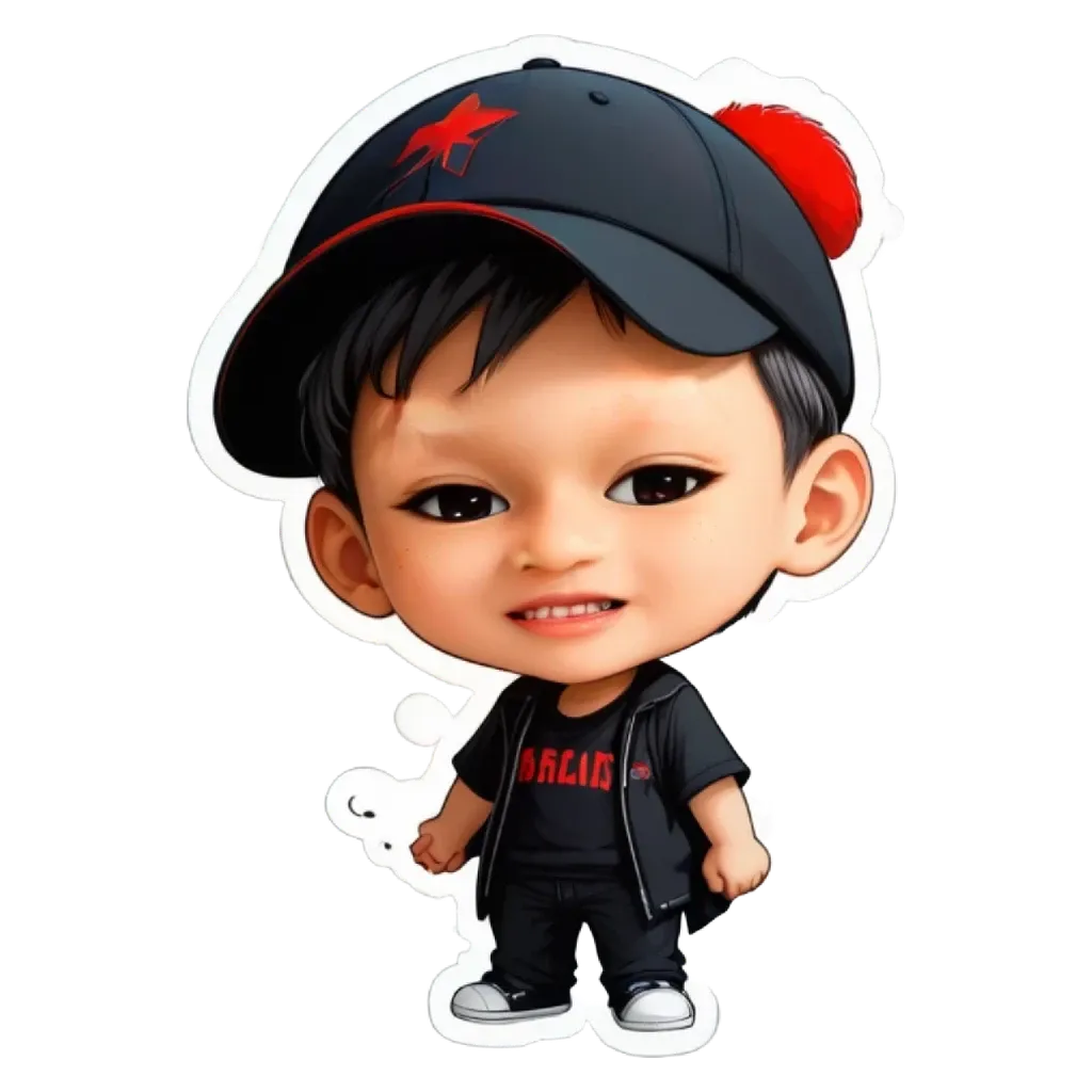 A cartoon picture of a boy wearing a baseball cap and a black shirt.