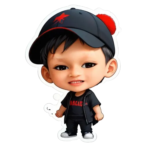 A cartoon picture of a boy wearing a baseball cap and a black shirt.